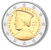 Zwei Euro Kursgedenkmünze San Marino 2022 in bankfrisch, im Blister, 530. Todestag von Piero della Francesca (Maler)