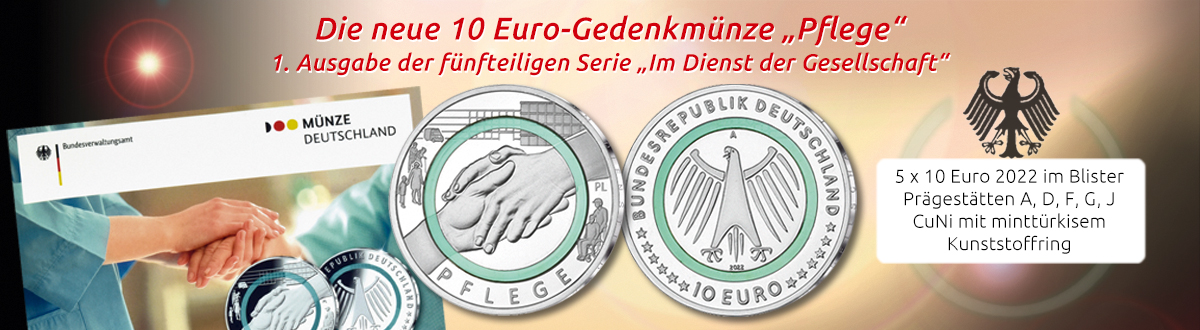 Deutschland - 5 x 10 Euro Gedenkmünze 2022 in CuNi mit minttürkisem Kunststoffring - Prägestätten A, D, F, G, J – 1. Ausgabe der fünfteiligen Serie Im Dienst der Gesellschaft